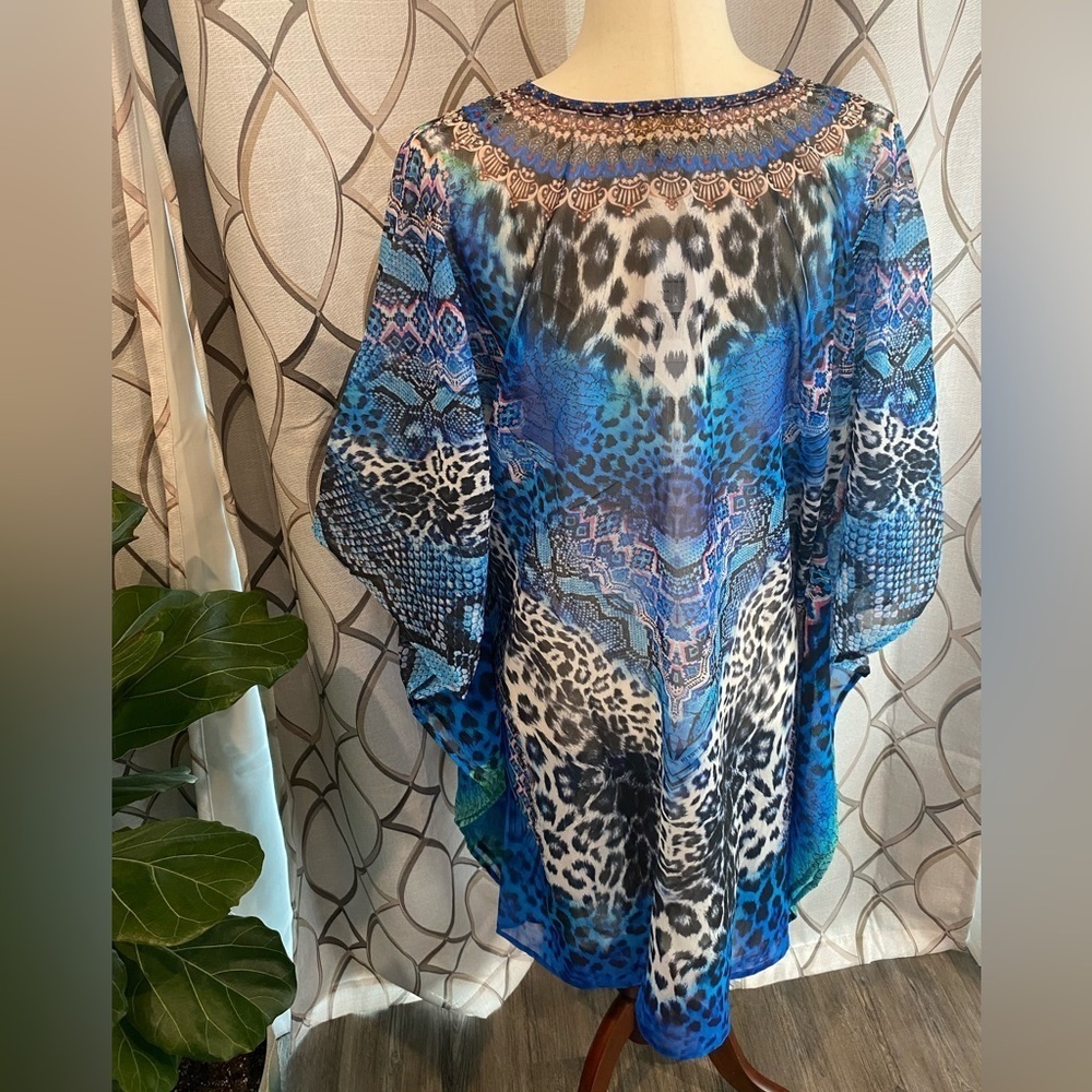 NWT True Colours by La Moda Blue Cat Maxi Swim Cover Up Caftan Dress One SZ - Picture 8 of 10